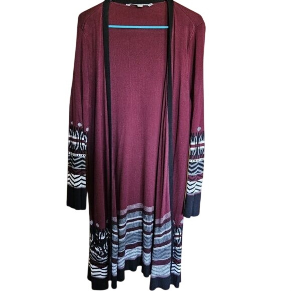 Valerie Stevens Womens Large  Open-Front Long Burgundy Pattern Pocket‎ Cardigan